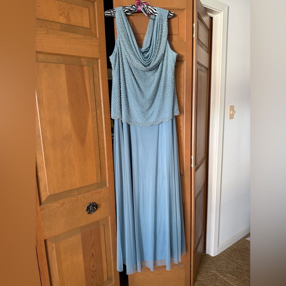 Cachet Floor Length Gown with Caviar Beaded Cowl Neckline - Color Sky